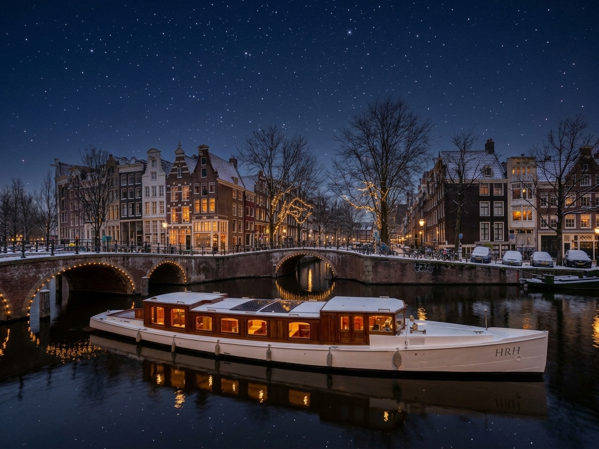 Salonboot HRH langs besneeuwde Amsterdamse grachten bij avond