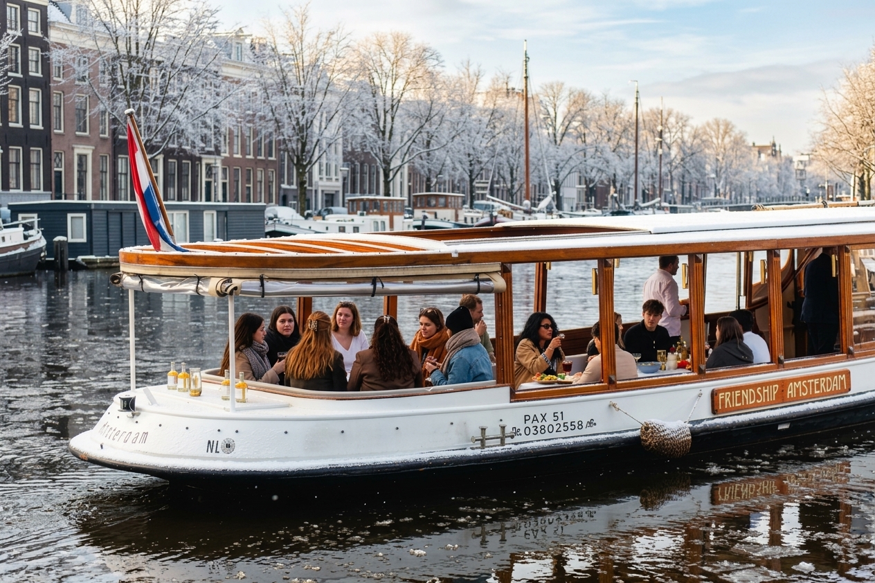 Gasten proosten aan boord van een salonboot tussen besneeuwde grachtenpanden