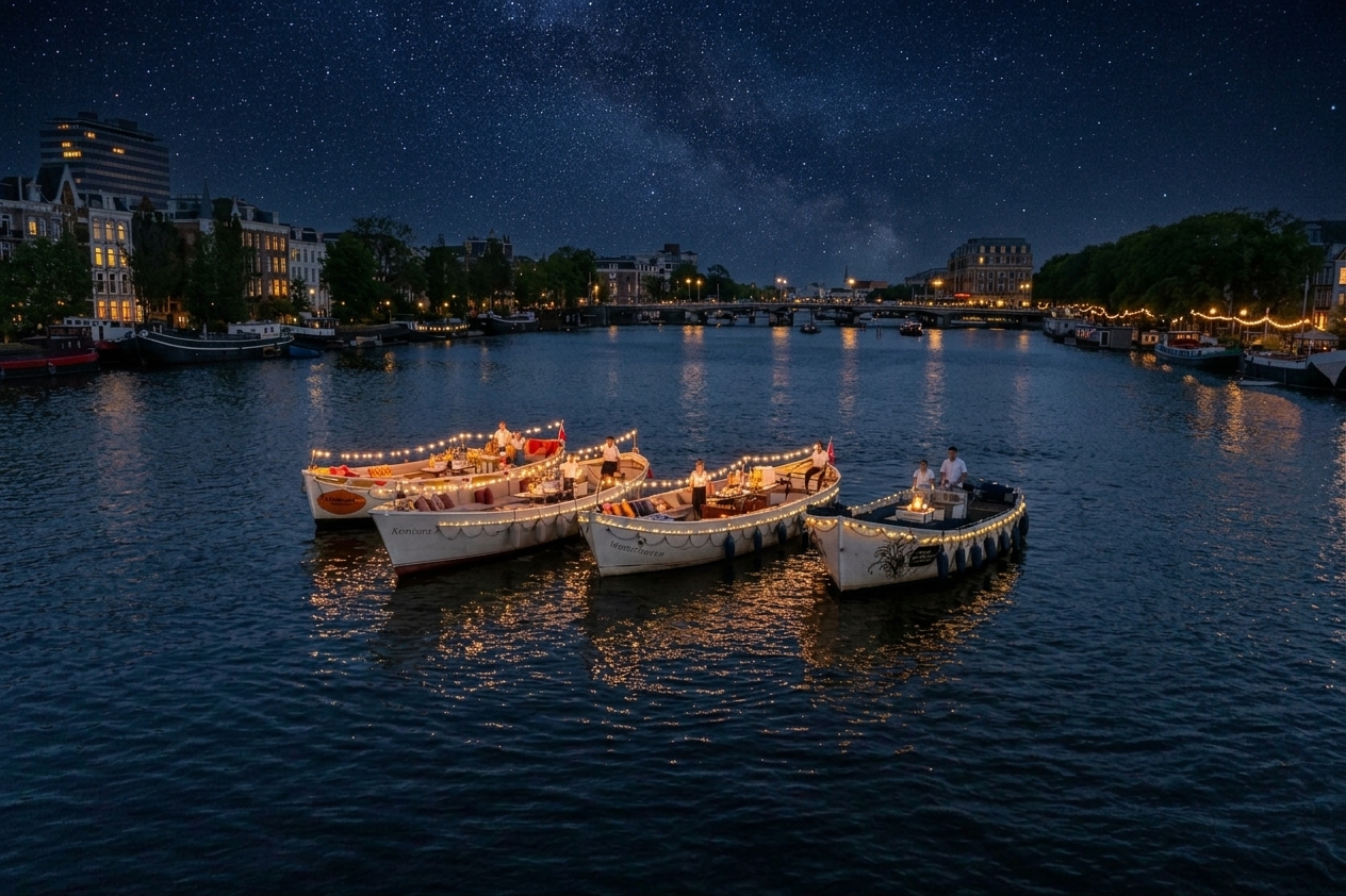 Privéboten op het Amsterdamse water bij avond
