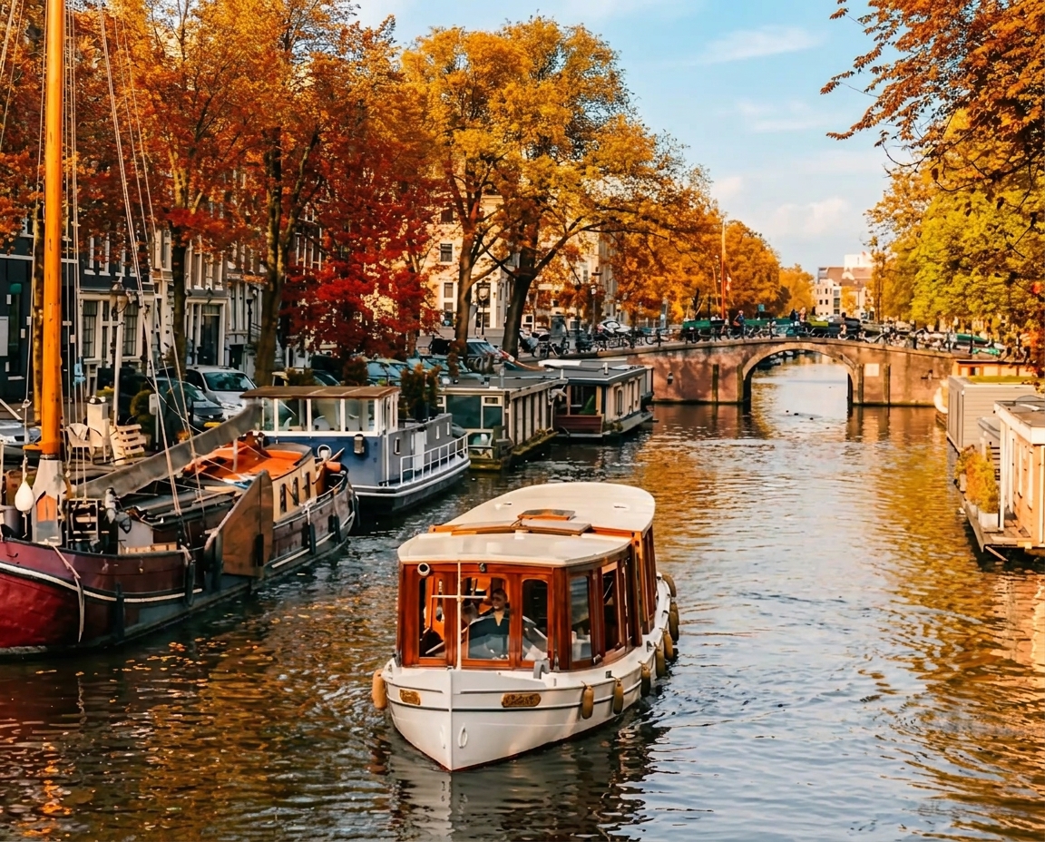 Salonboot vaart door een Amsterdamse gracht tussen bomen in volle herfstkleuren