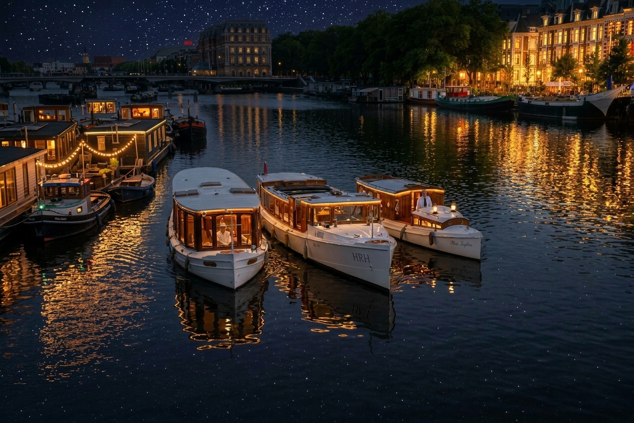 Drie verlichte salonboten bij avond op het Amsterdamse water