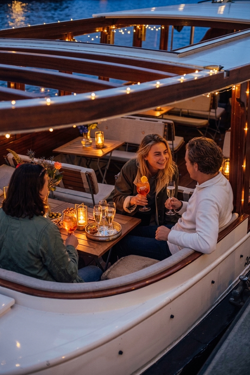 Feestelijk kerstdiner aan de lange tafel aan boord van een salonboot