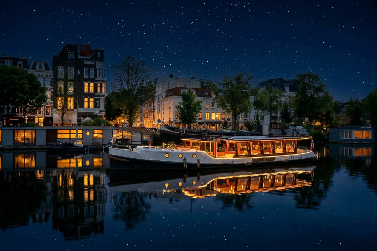 Verlichte salonboot 's nachts op een Amsterdamse gracht